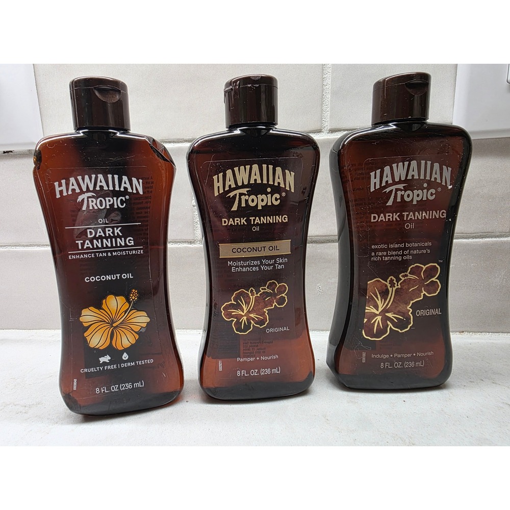 Lot of 3 Hawaiian Tropic Dark Tanning Oil Coconut Oil Original 8 oz Bottles NOS